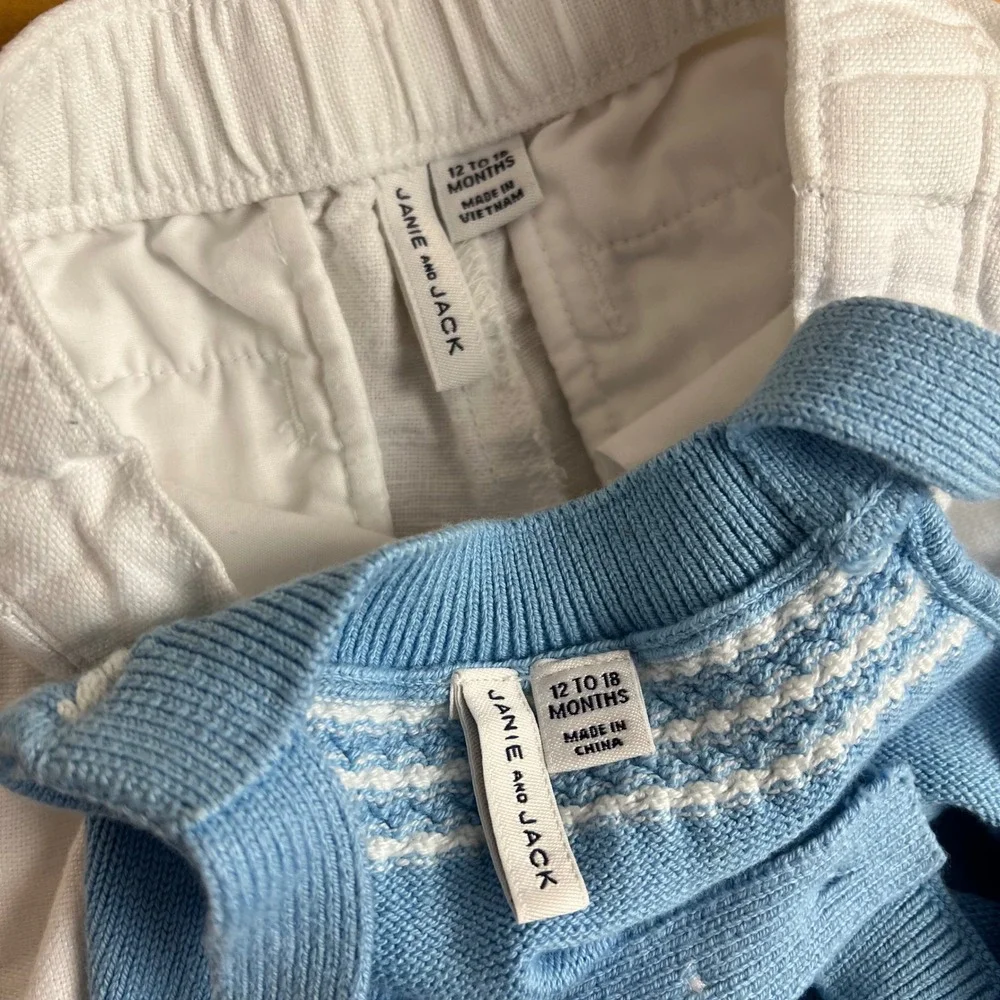 Janie and Jack Bundle Knit Romper‎ Linen Pants Baby Size 12-18 Months Blue White